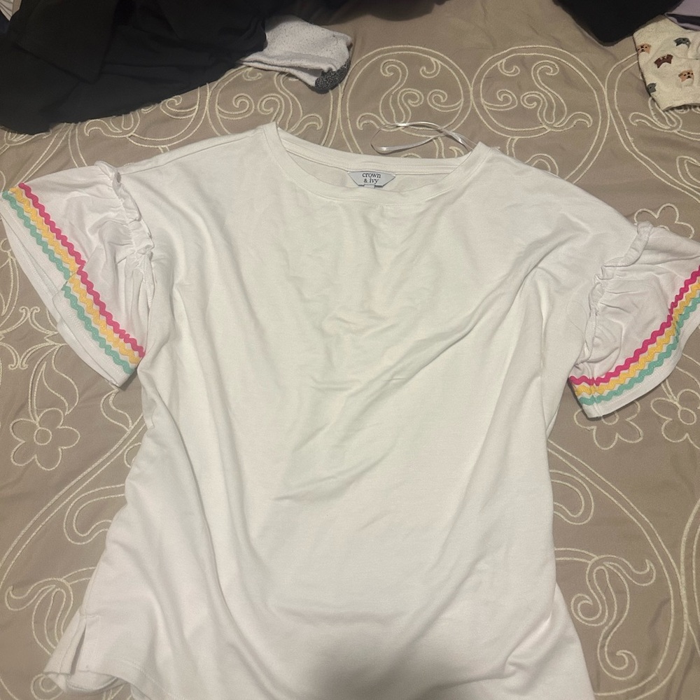 White Ruffle Sleeve Top with Rainbow Trim
